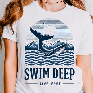 Swim Deep Whale Shirt, Whale & Fish Summer Tee, Beach Shirt, Vacation Tee